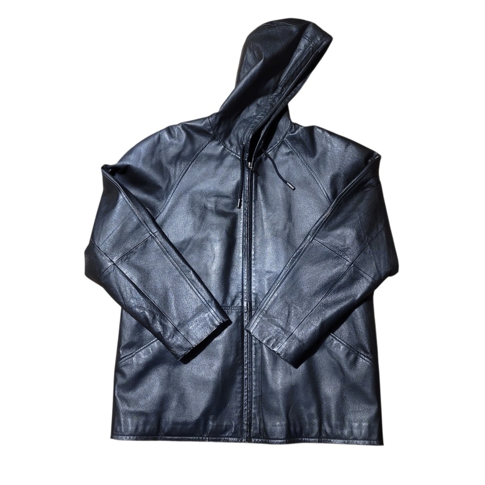 Outbrook Womens Black Genuine Nappa Leather Hooded Jacket‎ Coat Large 1821